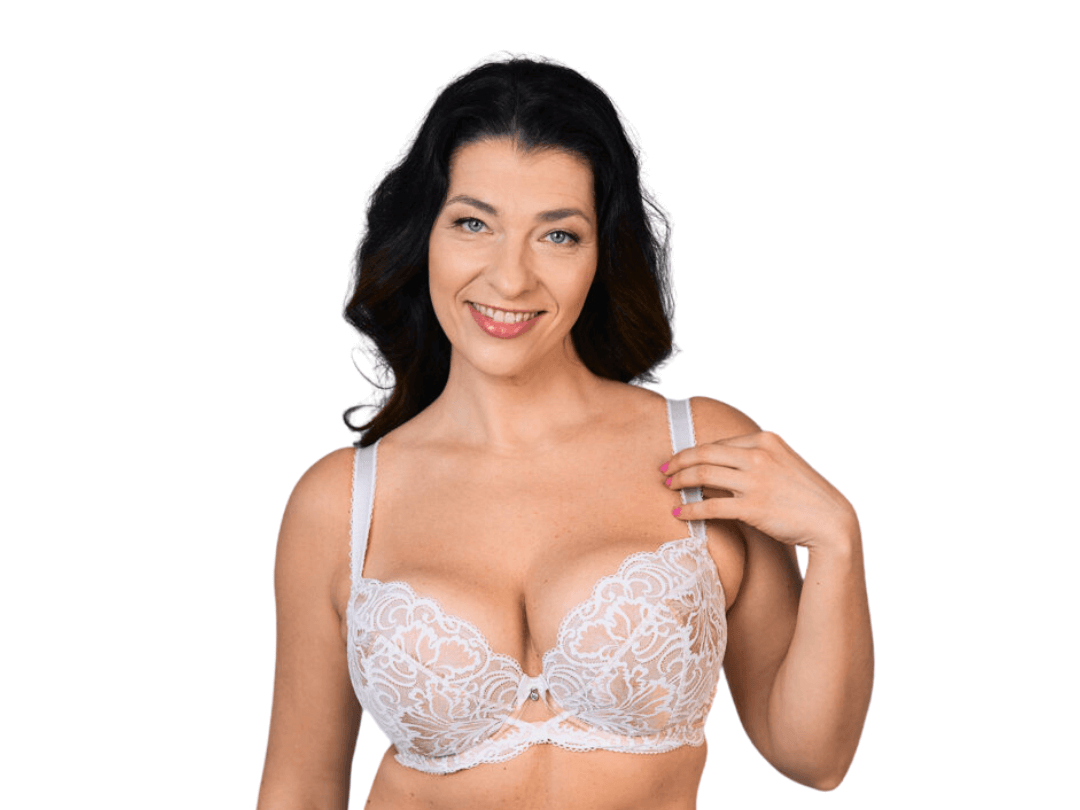 Model wearing Ewa Michalak PL Padded Plunge Polish Bra that doesn't spill or gap