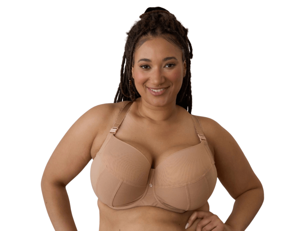 Model wearing Ewa Michalak FB Semi-Sheer "Nibynic" Polish Bra for soft tissue support