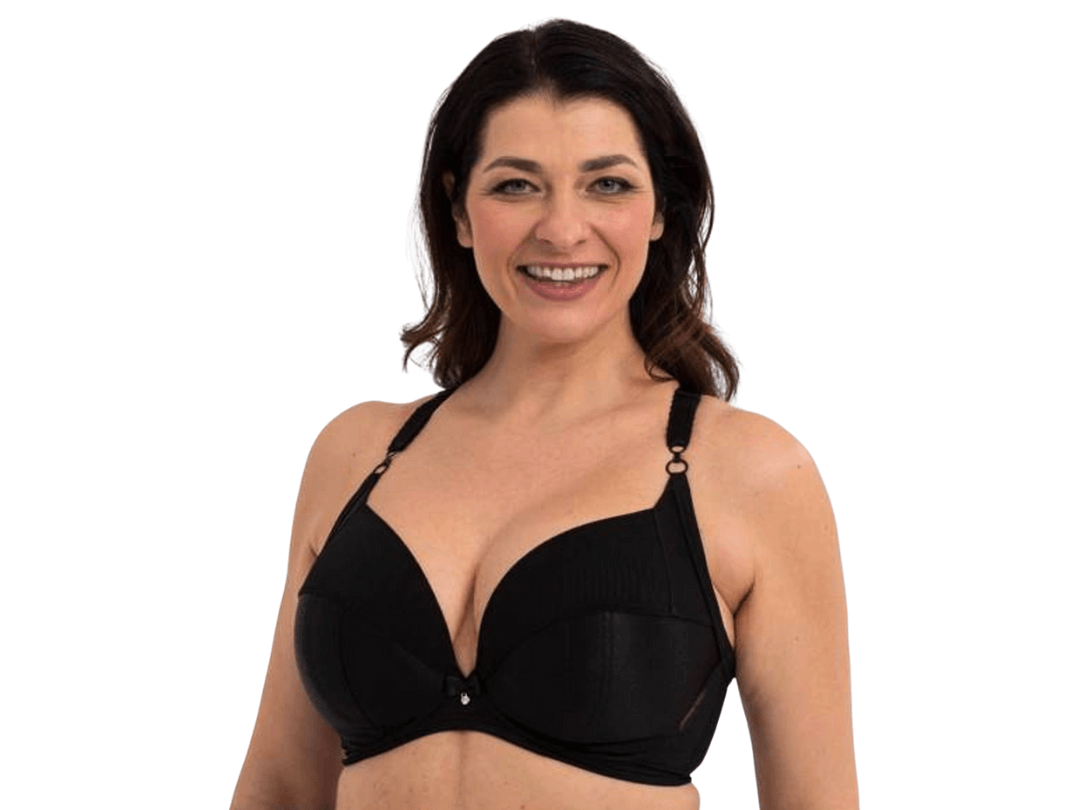 Model wearing Ewa Michalak PLM Unlined Convertible Plunge Polish Bra for deep necklines