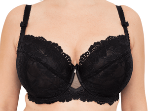 Zoomed in view of black BM Balconette bra showing how the woman's bust fit into the cups